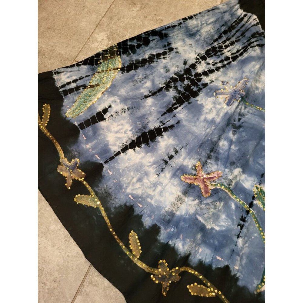 Forbidden Midi A Line Skirt Blue Black Tye Dye Floral Sequins Sz XL Boho Gypsy